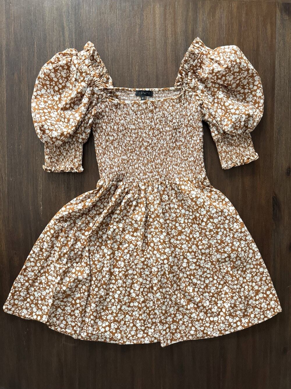 Fit & Flare Dress Women’s XS Puff Sleeve Floral Brown Cream 1 State